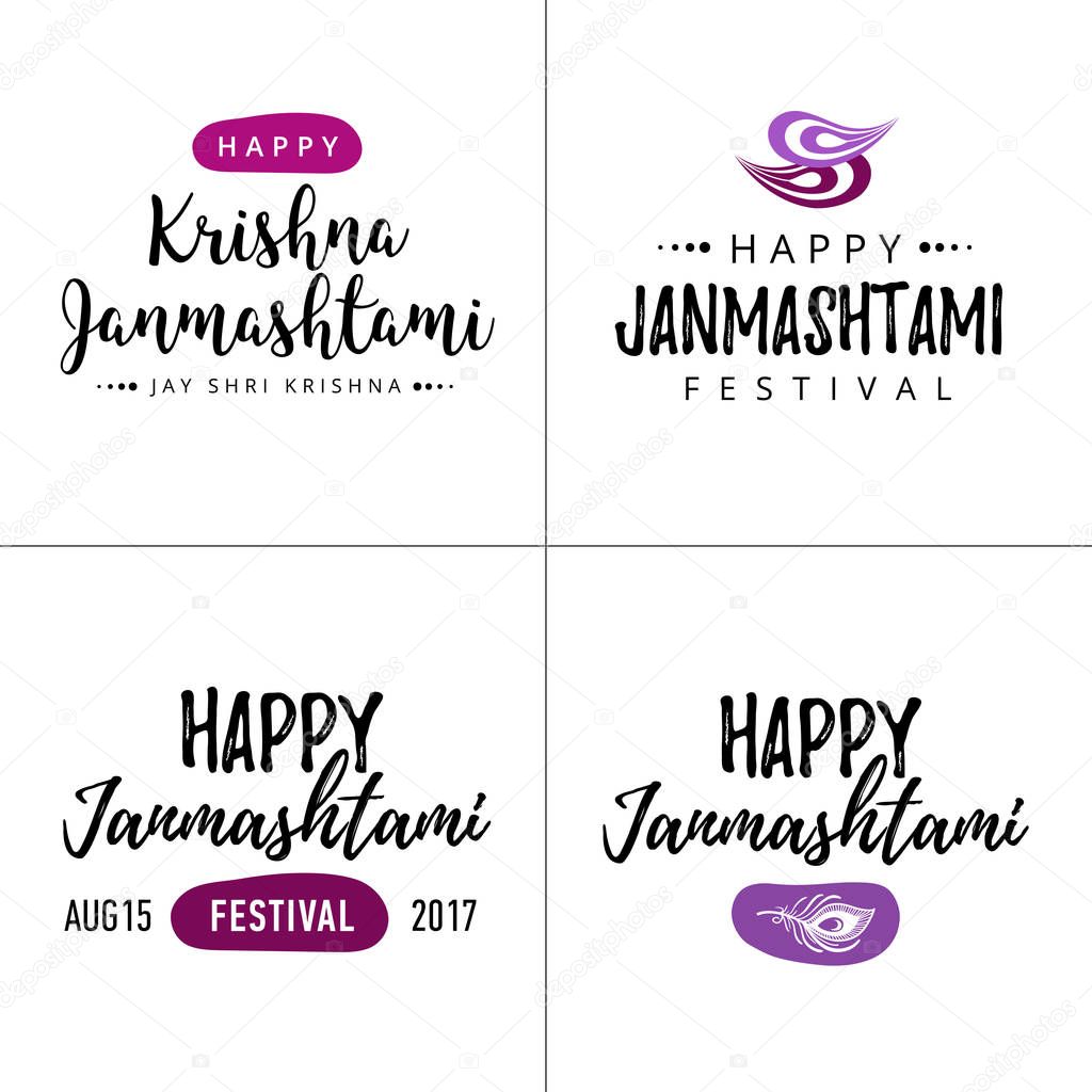 Modern hand drawn lettering Happy Janmashtami. Indian festival Krishna. Calligraphy for greeting card or banner. Usable for banners, greeting cards, t-shirts, print, logo.