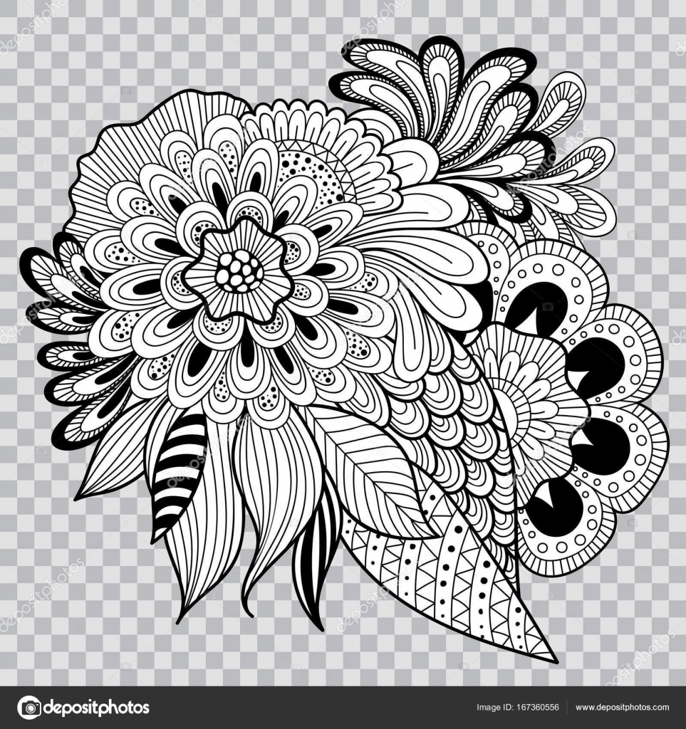 Black And White Floral Coloring On Transparent Background Flower Tattoo Artwork Stock Vector C Natalypaint 167360556