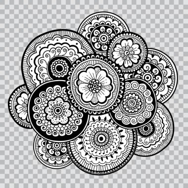 Siyah ve beyaz şeffaf arka plan üzerinde boyama çiçek. Çiçek Hint dövme resimleri.