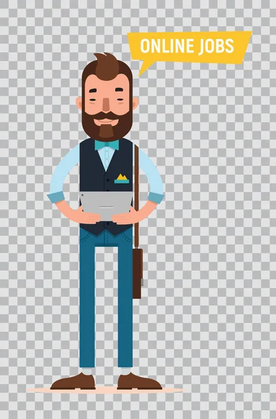 Man looking for job through online service. Flat characters on transparent background. — Stock Vector