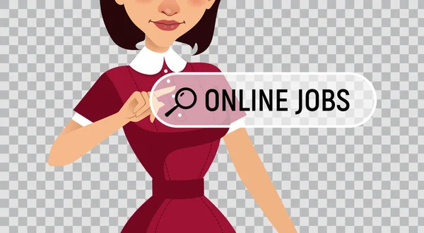 Zoeken naar werk. Online recruitment service. Vrouw op zoek naar werk. Illustratie op transparante achtergrond. — Stockvector