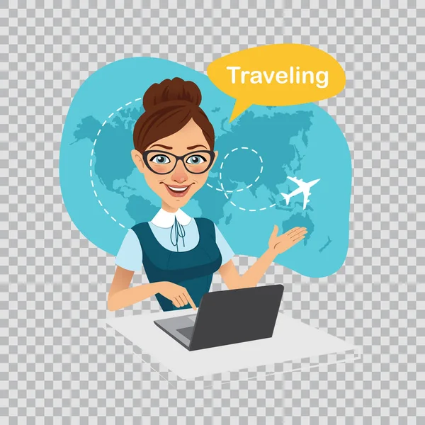 Reis naar World.Travel naar World.Travel Agentschap banner. Reisbureau werkt op laptop. Illustratie op transparante achtergrond. — Stockvector