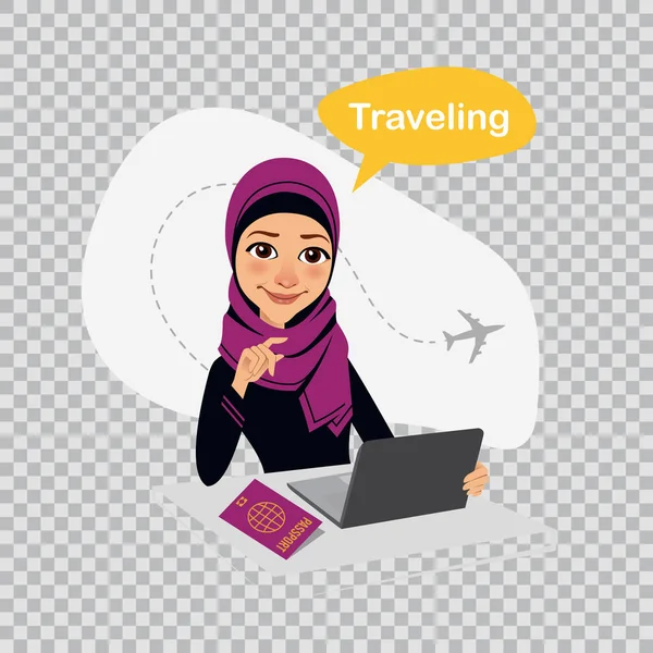 透明な背景にイラストを旅行します。世界への旅行します。アラブの女性は、オフィスのラップトップ上で動作します。女性がチケットを販売しています。 — ストックベクタ