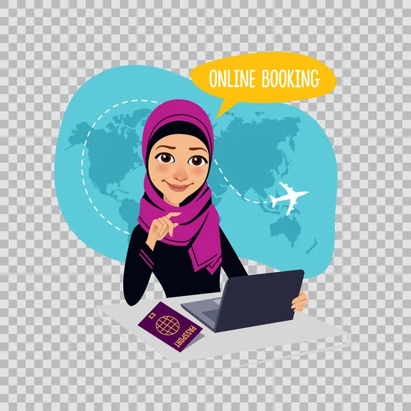 Banner de reserva en línea sobre fondo transparente. Billetes aéreos Reservas en línea. Mujer árabe vendiendo billetes de avión — Vector de stock