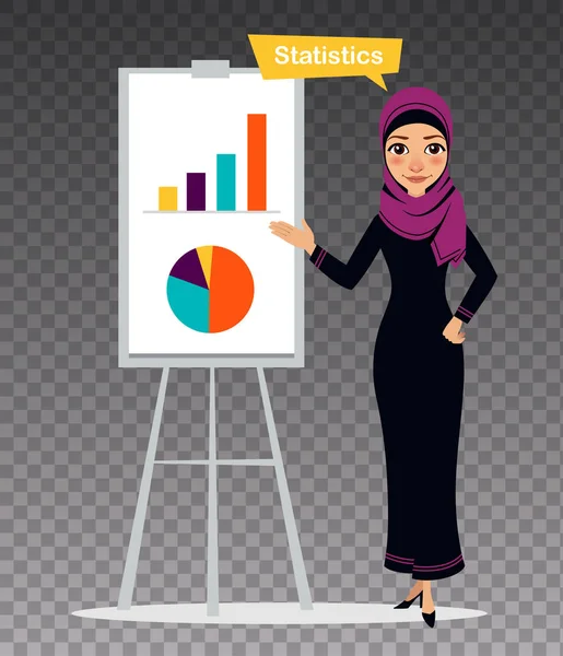 Mulher árabe está quase flipchart. A mulher está envolvida em estatísticas. Ilustração sobre fundo transparente . — Vetor de Stock