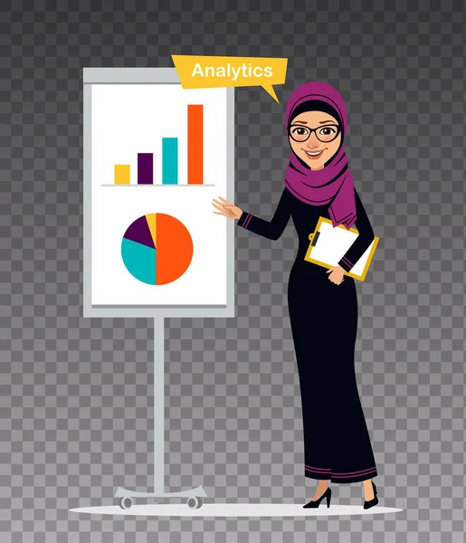 Mulher árabe com prancheta está quase flipchart. Mulher está envolvida em analytics.Illustration em fundo transparente . — Vetor de Stock