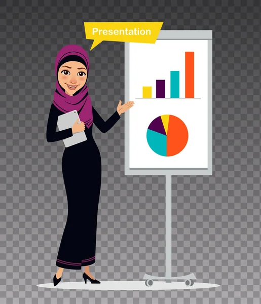 Mujer árabe con la tableta está de pie cerca del rotafolio. La mujer está mostrando la presentación.Ilustración sobre fondo transparente . — Vector de stock