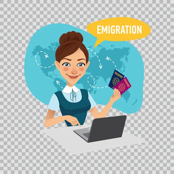 El empleado de la compañía prepara los visados para los inmigrantes. Concepto de emigración. Ilustración sobre fondo transparente . — Vector de stock