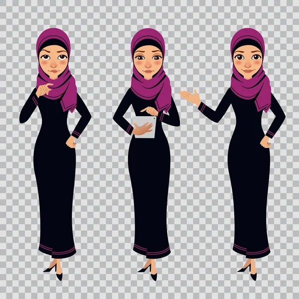 Arab business woman character in different poses on transparent background. Woman is standing and working on tablet. — Stock Vector