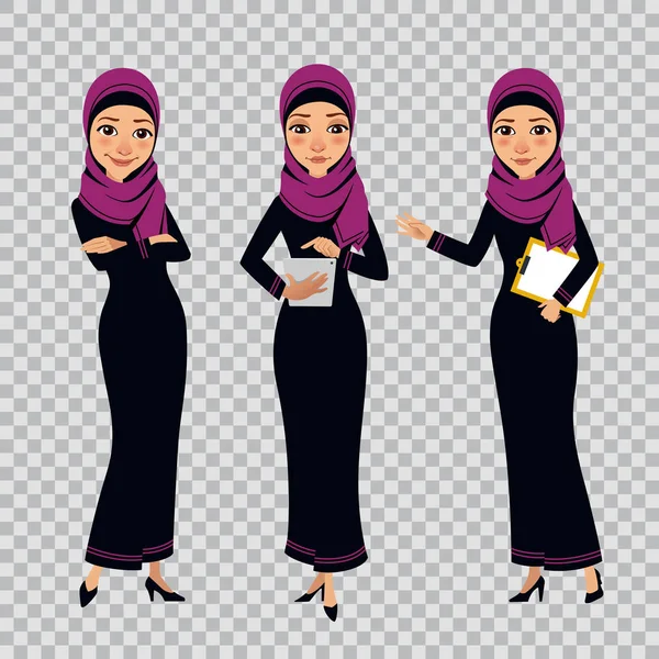 Arab business women characters in different poses on transparent background. Women with clipboard and tablet — Stock Vector