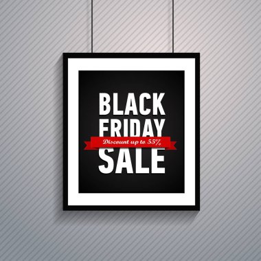 Siyah Cuma satış poster ile kırmızı kurdele halatlar üzerinde asılı. Modaya uygun alışveriş afiş. En fazla 55 indirim. Online alışveriş