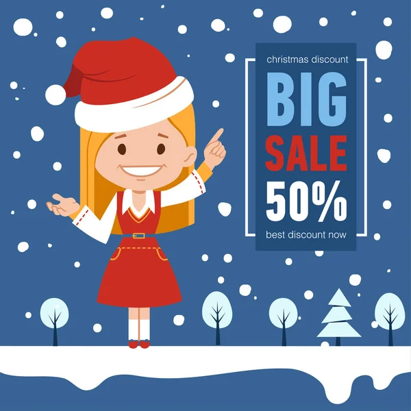 Christmas sale banner. Illustration with Santa girl character. Winter seasonal banner. Big sale 50. Holiday discount — Stock Vector