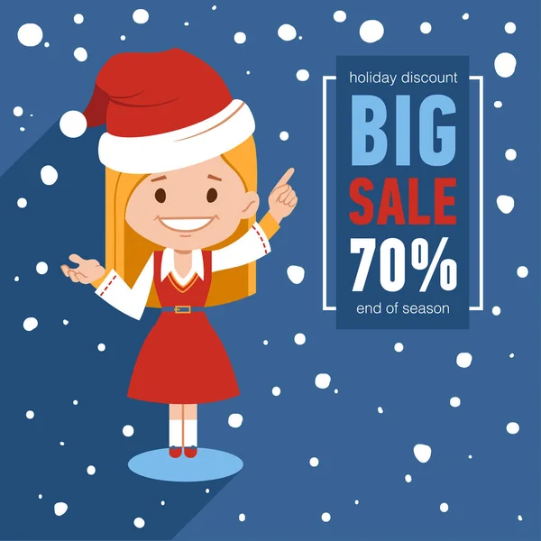 Christmas sale banner. Illustration with Santa girl character. Winter seasonal banner. Big sale 70. Holiday discount — Stock Vector