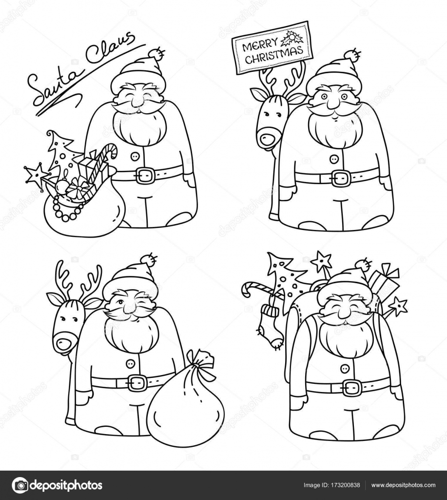 Set Of Illustrations With Santa Claus And Reindeer Bag