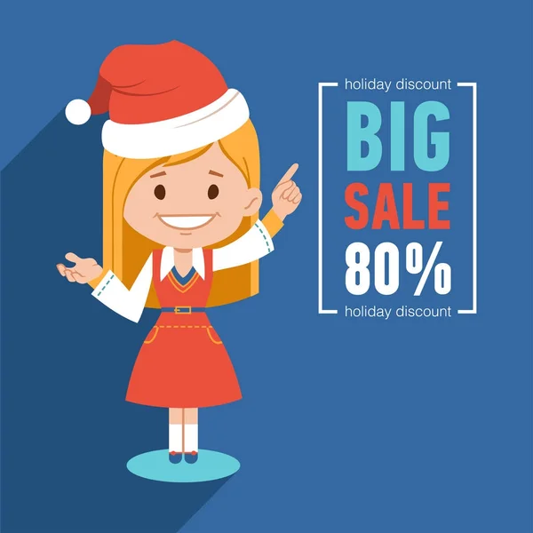 Christmas big sale banner. Illustration with girl in Christmas hat. Big sale 80. Holiday discount. — Stock Vector