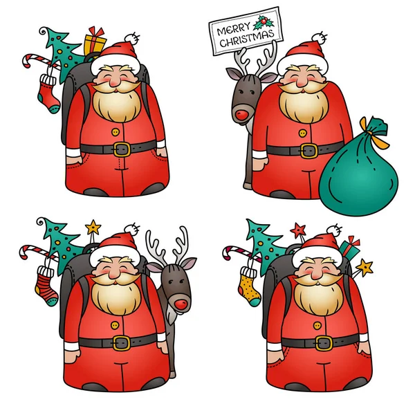 Ilustração de férias com caráter de Papai Noel. Ilustrações vetoriais para o Natal. Conjunto de Papai Noel com renas , — Vetor de Stock