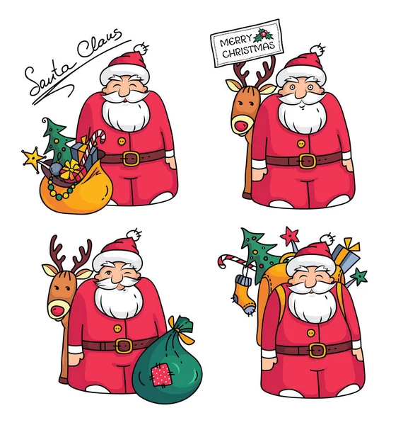 Illustrazione di festa con il carattere di Babbo Natale, renne, borsa, borsa, albero di Natale, regali e decorazioni natalizie — Vettoriale Stock