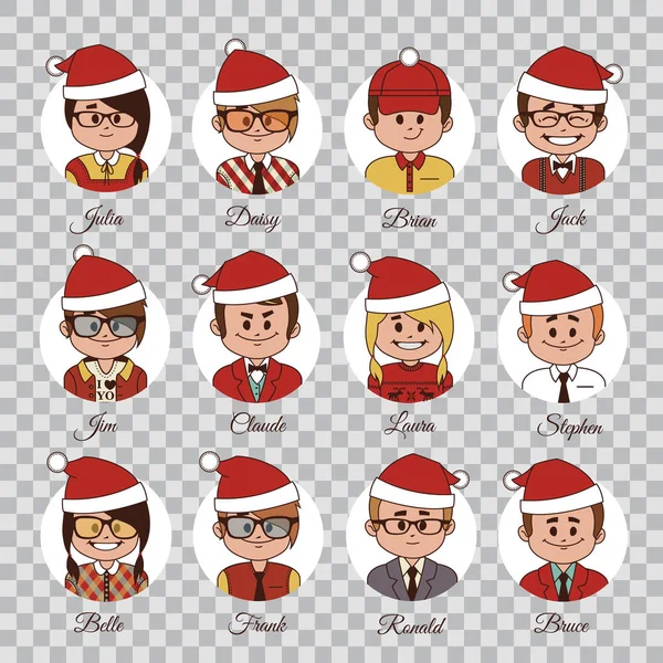 Ensemble de personnages de Noël. Ensemble d'avatars équipe de bureau dans des chapeaux de Noël. Personnages dans les casquettes de Noël.Icônes de Noël — Image vectorielle