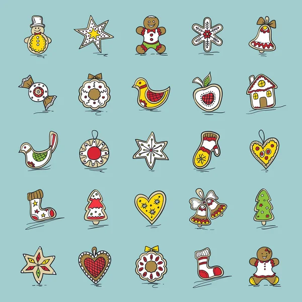 Ensemble d'icônes de Noël. étoile, cloche, couronne, pomme, arc, chaussette, arbre de Noël, maison, bonhomme de neige, pain d'épice, mitaine, coeur, canne — Image vectorielle