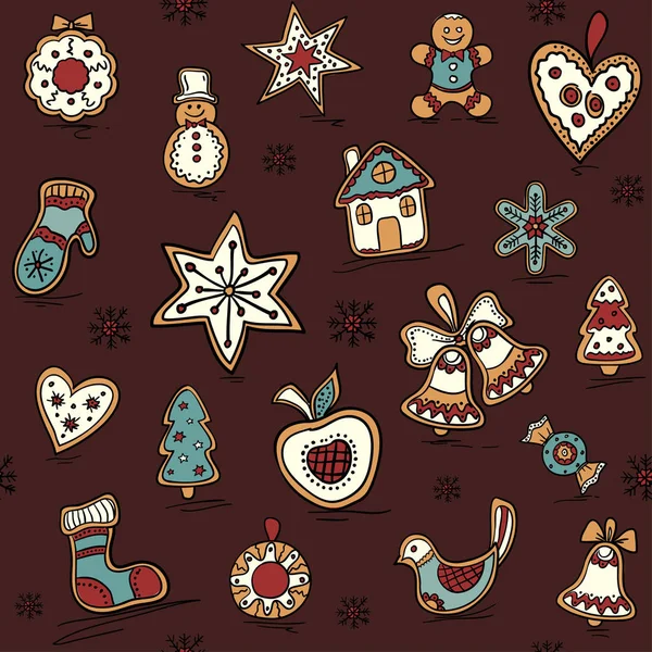 Modèle sans couture de Noël avec des pains d'épice. Modèle de vacances avec des icônes de Noël. Fond de vacances . — Image vectorielle
