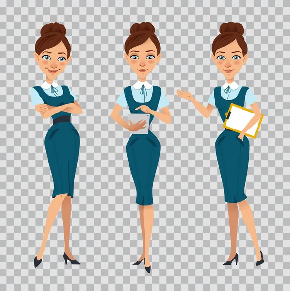 Mujer de negocios en ropa formal. Mujer en diferentes posiciones. Chica de pie con portapapeles y tableta, pensando, mostrando — Vector de stock