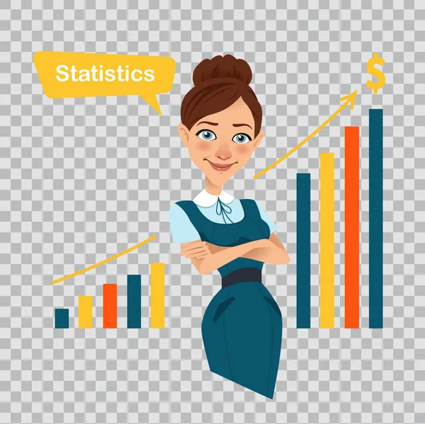 Finanzfrau, die in der Nähe des Gewinnwachstums steht. schöne Geschäftsfrau arbeitenden Charakter. Frau zeigt Statistik — Stockvektor