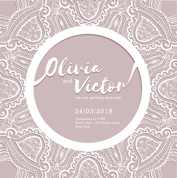 Wedding invitation card. Template of wedding card with lace border. Vector ornament frame. Laser cut pattern — Stock Vector