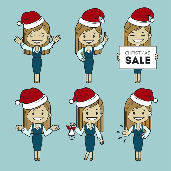 Santa girl. Santa Claus woman. Different poses. Christmas sale. — Stock Vector