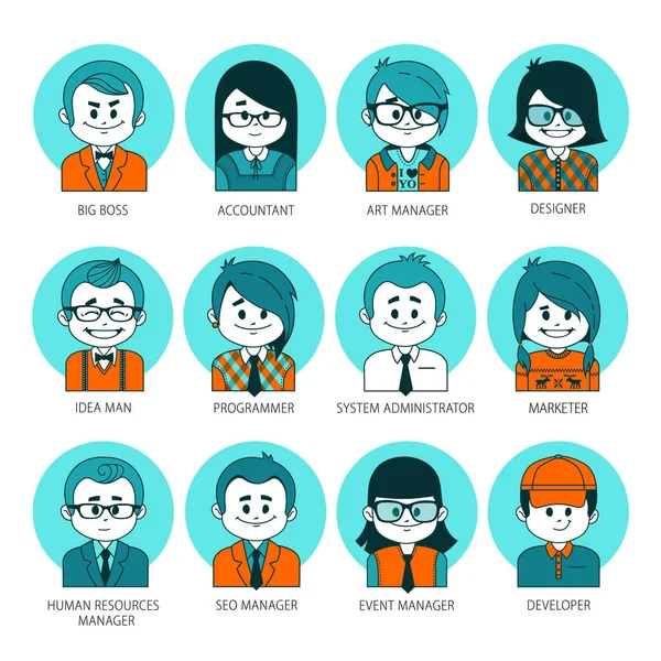 Iconos de personas gráficas planas. Conjunto de personas avatares de su equipo de oficina. Colección de profesiones en la empresa de TI. Industria informática — Vector de stock
