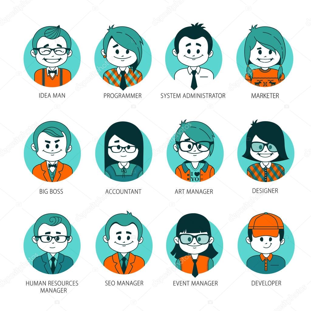 Set of people avatars your office team. Collection of professions in IT company. Male and female characters. IT industry
