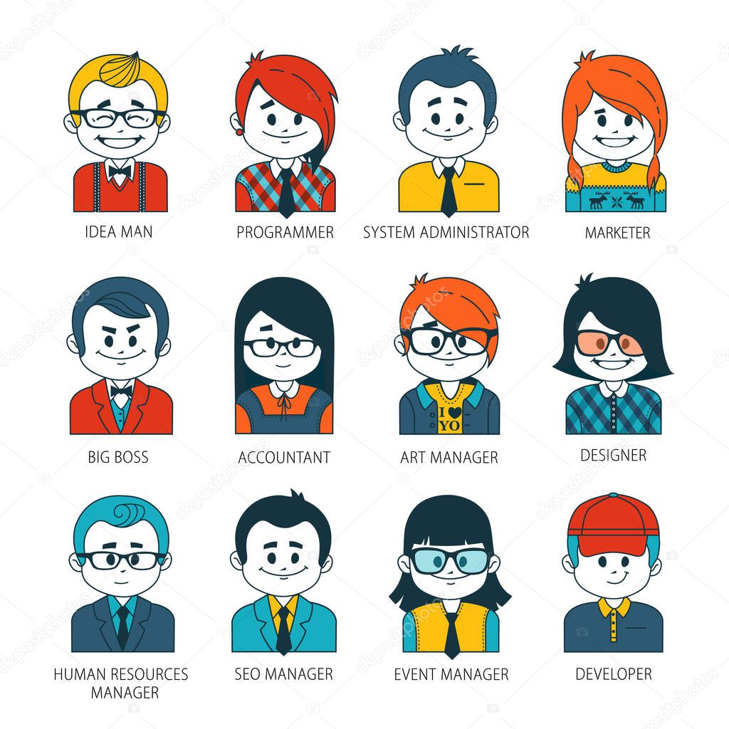 Set of people icons in flat style with faces. Vector women, men character Collection of professions in IT company