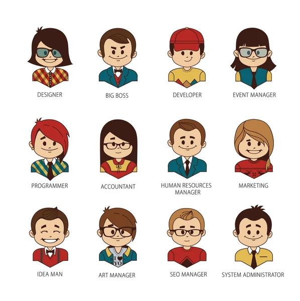 Conjunto de personas redondas iconos de su equipo de oficina. Hombre y mujer, niño y niña. Colección de profesiones en la empresa de TI . — Vector de stock
