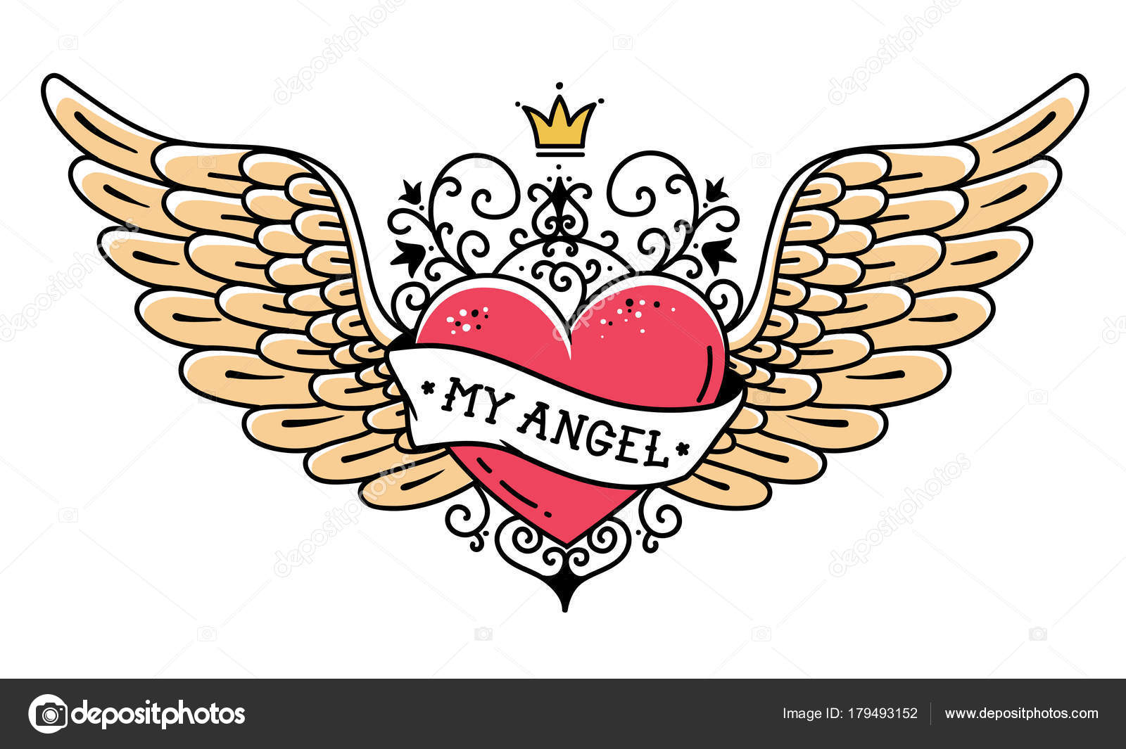 タトゥー ハート クラウンと鍛造飾り。心の翼、リボンと花の入れ墨。フレーズ私の天使をタトゥーします。 ストックベクター ©natalypaint  179493152, image size:1600x1065