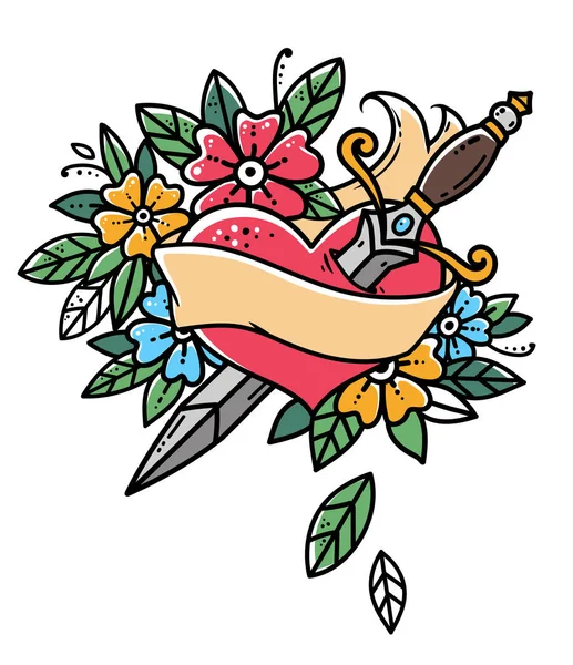 Corazón con daga, cinta y flores. Tatuaje retro. Ilustración retro vector de la vieja escuela — Vector de stock