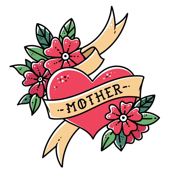 Coração de tatuagem com fita, flores e palavra mãe. Ilustração do vetor retrô da velha escola. Tatuagem retrô —  Vetores de Stock