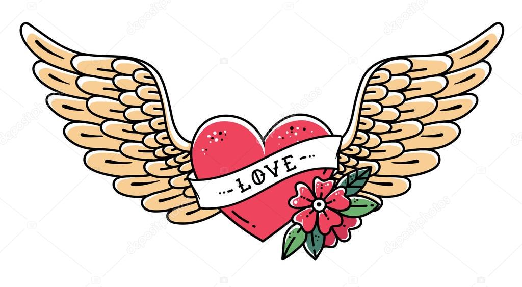 Hand drawn tattoo heart with wings, ribbon, flower and word LOVE. Flying heart, vector illustration