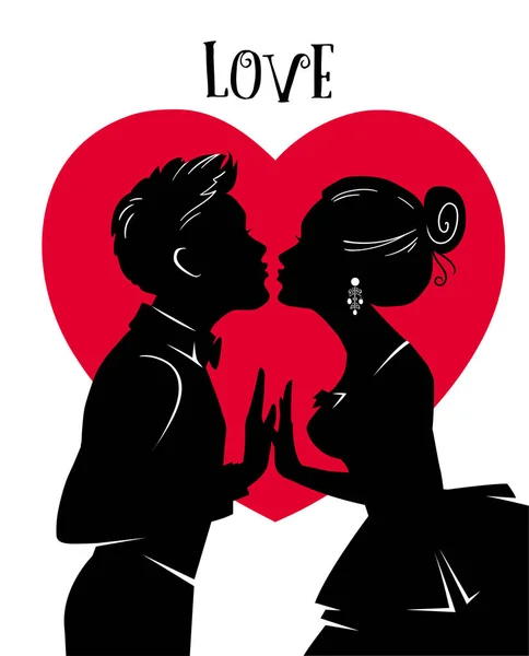 Valentines Day Card. Lovers kiss. Man and woman kissing on background of red heart. Man in tuxedo, woman in ball gown. — Stock Vector