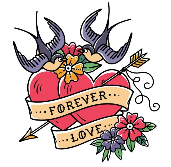 stock vector Tattoo art. Tattoo two hearts pierced by arrow. Hearts with flowers, ribbon and swallows. Forever love. Valentines Day.