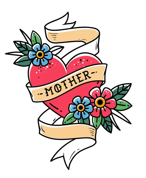 Isolé tatouage coeur rouge avec ruban, fleurs et lettrage Mère. Ruban enroule autour du coeur rouge. Vieille école — Image vectorielle