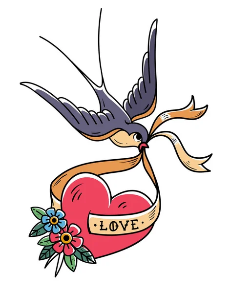 Zwaluw voert over rood hart op lint met belettering van liefde. De dag van Valentijnskaarten. Tattoo hart met bloemen en vogels. — Stockvector