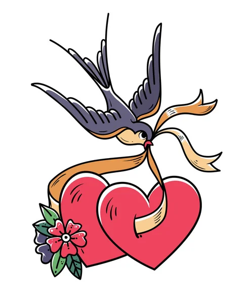Tätowiertes Herz mit Blumen und Vogel. Schwalbe trägt zwei Herzen am Band. Abbildung, Aufkleber zum Valentinstag. — Stockvektor