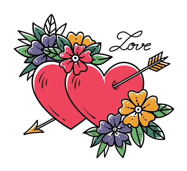 Tattoo hart met pijl. Twee harten doorboord door pijl met bloemen. Liefde. Old school tattoo. Valentijnsdag illustratie — Stockvector
