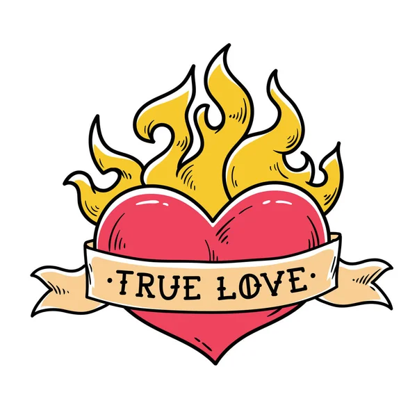 Flaming Heart Tattoo with ribbon. True love. Heart burning in fire. Ribbon wraps around red heart. Old school style. — Stock Vector