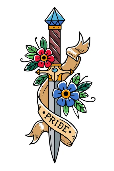 Daga de tatuaje vectorial con flores y cinta. Antigua daga oriental decorada con gran zafiro. Orgullo de letras . — Vector de stock