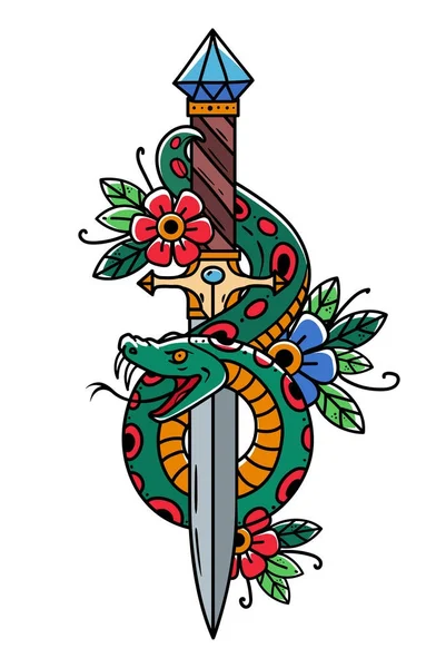 Daga de tatuaje vectorial con serpiente. Daga decorada con gran zafiro azul. Serpiente envuelve alrededor de antigua daga oriental . — Archivo Imágenes Vectoriales