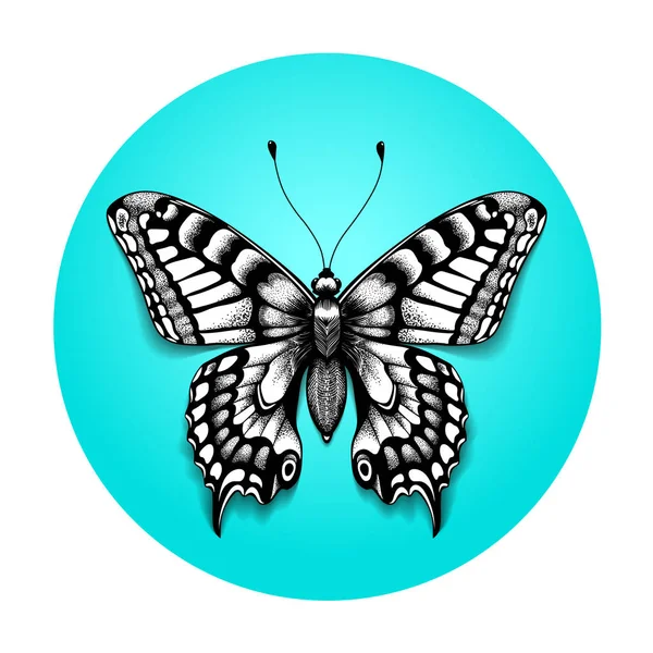 Tätowieren schönen Schmetterling für Ihre Schulter. realistischer Schmetterling im blauen Kreis. schwarz-weißes Tätowieren. — Stockvektor