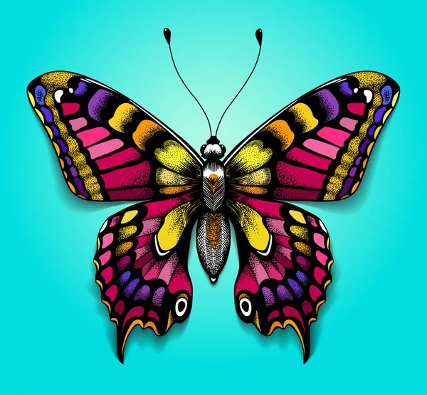 Beau papillon coloré sur fond bleu. Tatouage lumineux pour votre dos. Papillon tropical réaliste. MACHAON — Image vectorielle