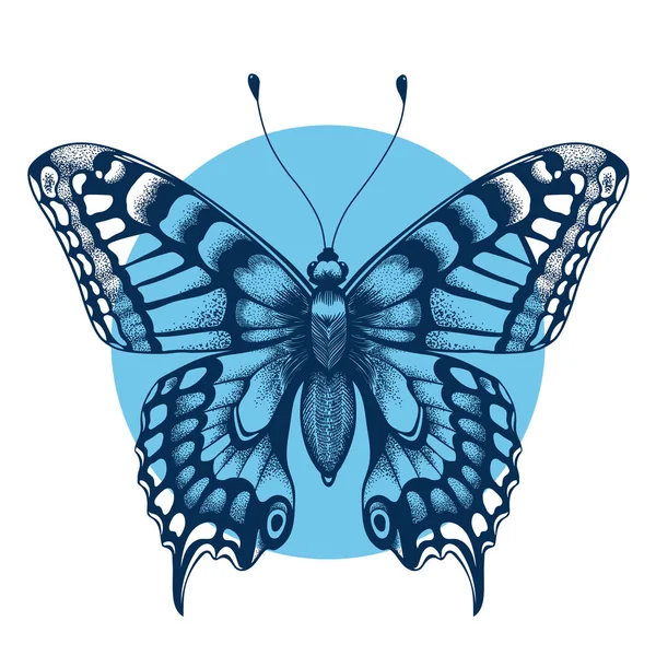 Tätowierter Schmetterling in blauem Kreis für den Unterarm. Symbol der Unsterblichkeit und Transformation. Boho-Stil — Stockvektor
