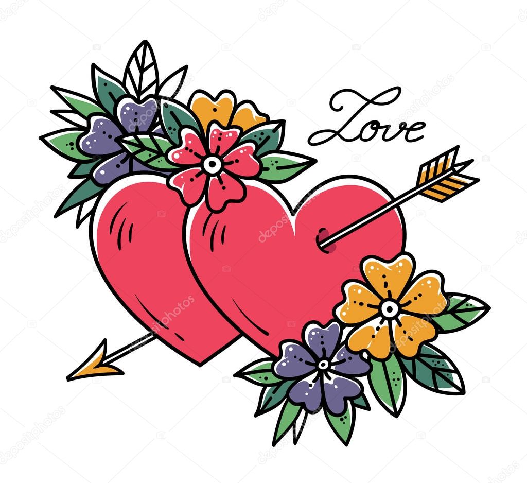 Tattoo heart with arrow. Two hearts pierced by arrow with flowers. Love. Old school tattoo. Valentines Day illustration