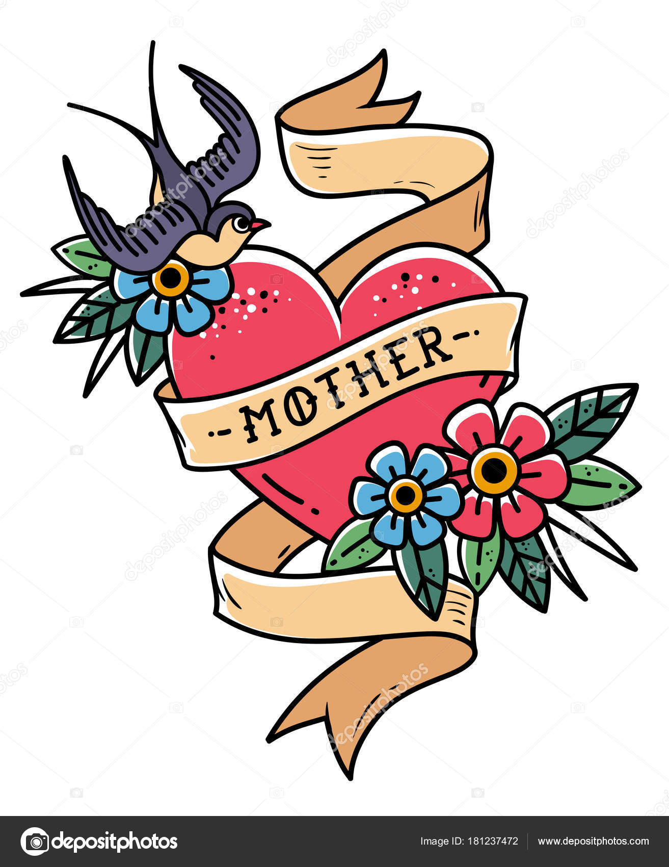 Isolated Tattoo Red Heart With Ribbon Swallow Flowers And Word Mother Vector Illustration For Mother Day Old School Stock Vector Image By C Natalypaint 181237472